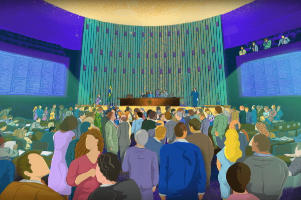Ilustração representando o plenário da Câmara dos Deputados, em Brasília