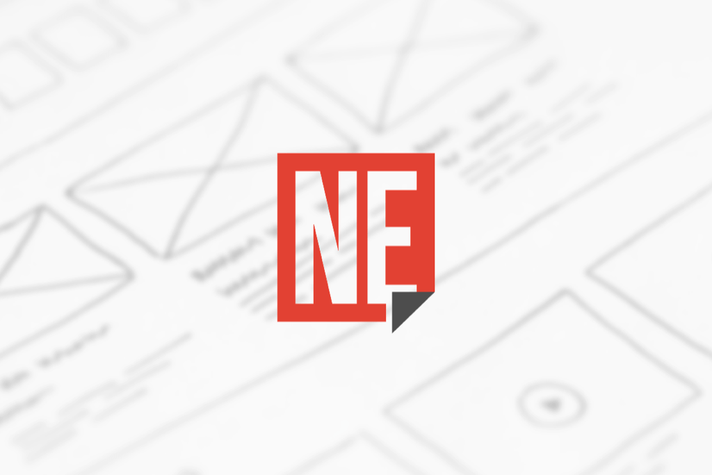 Marca NE Notícias sobre wireframe do site ao fundo