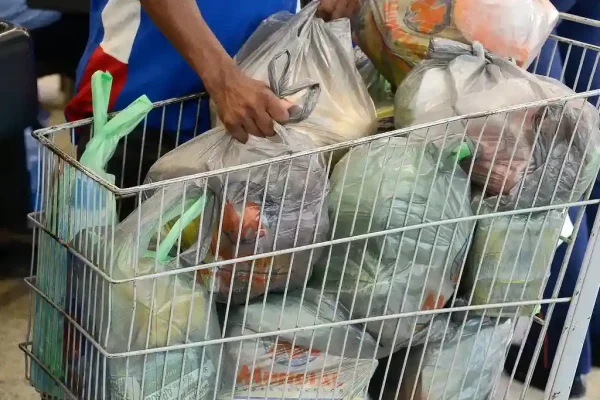 Uma pessoa empurrando um carrinho de compras cheio de sacolas no supermercado