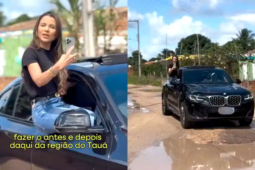 Prefeita de Umbaúba, Juliana Cardoso (Republicanos), transitando na janela de um carro de luxo em povoado do município