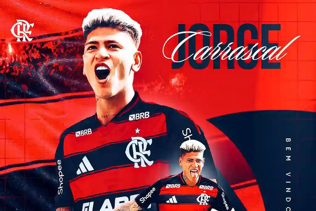 Jorge Carrascal, meia-atacante de 27 anos, assinou contrato com o Mengão até julho de 2029
