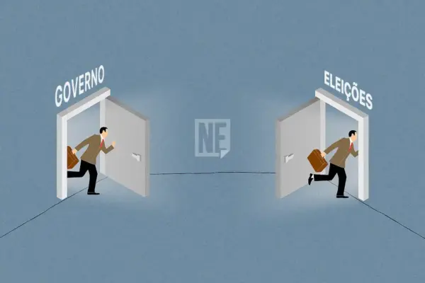 Ilustração descreve uma pessoa saindo por uma porta onde está escrito 'governo' e entrando por outra onde está escrito 'eleições'
