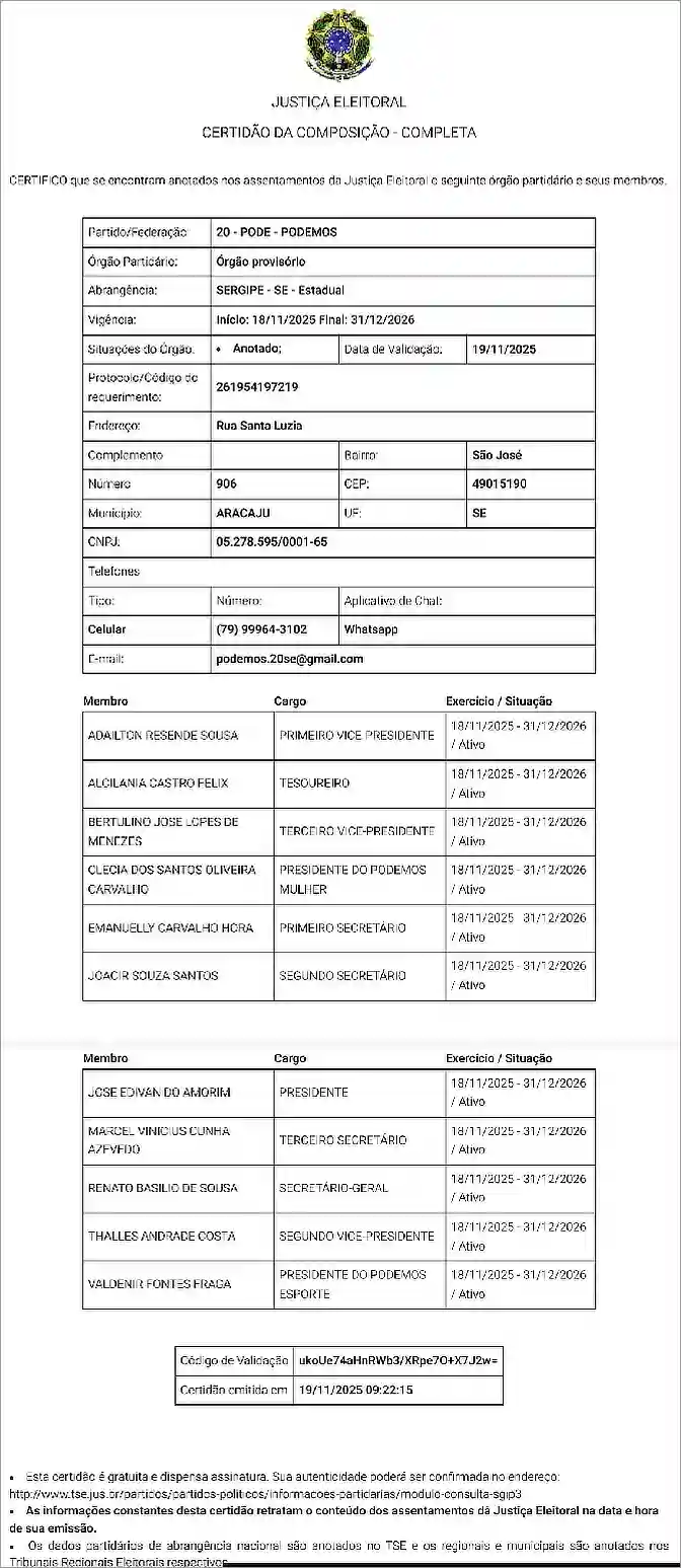 Documento de filiação do empresário sergipano Edvan Amorim ao Podemos