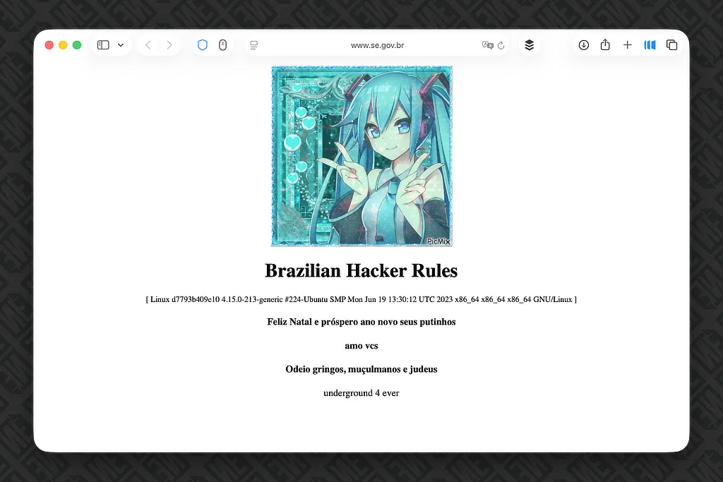 Imagem do Site do Governo de Sergipe hackeado