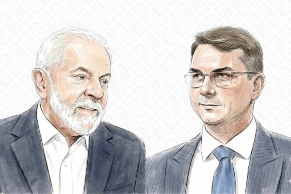 Foto estilizada em formato de desenho do presidente Lula e do senador Flávio Bolsonaro