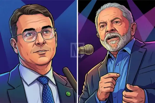 Senador Flávio Bolsonaro e o presidente Lula em imagem estilizada