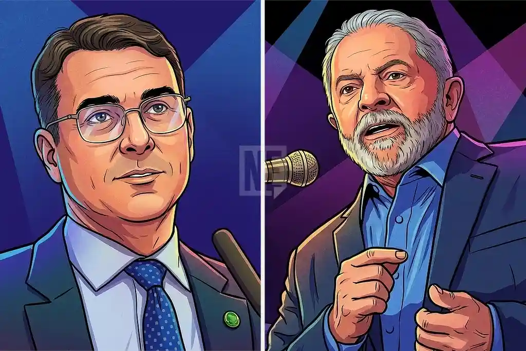 Senador Flávio Bolsonaro e o presidente Lula em imagem estilizada