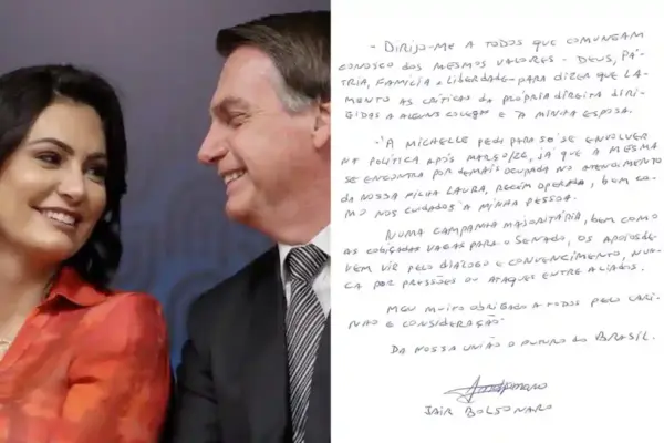 Carta de Bolsonaro escrita da cadeira em defesa da esposa Michelle