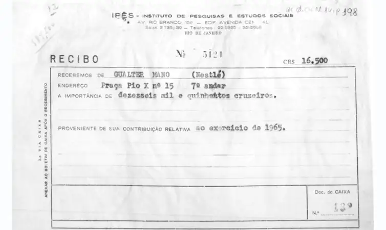 Arquivo Nacional/Divulgação Comprovante das contribuições da Nestlé para o clube golpista da ditadura militar no Brasil