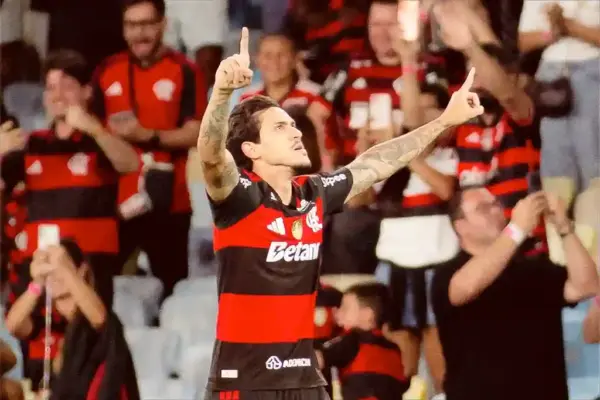 Jogador Pedro comemora gol pelo Flamengo
