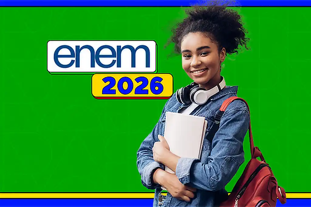 Jovem estudante segurando cadernos nas mãos e os dizeres "Enem 2026"