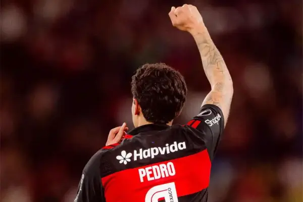 Jogador Pedro, do Flamengo, com braço direito estendido e punho cerrado, comemorando gol na Libertadores 2026