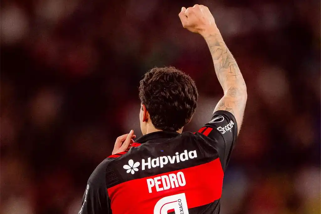 Jogador Pedro, do Flamengo, com braço direito estendido e punho cerrado, comemorando gol na Libertadores 2026
