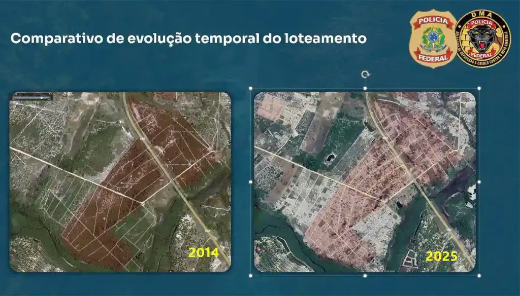 Imagem de satélite mostra evolução da ocupação irregular (área em vermelho é reserva legal) de terrenos da União em Sergipe