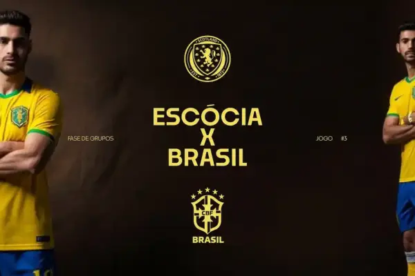 Ilustração representando a partida de Escocia e Brasil, na fase de grupos da Copa do Mundo 2026
