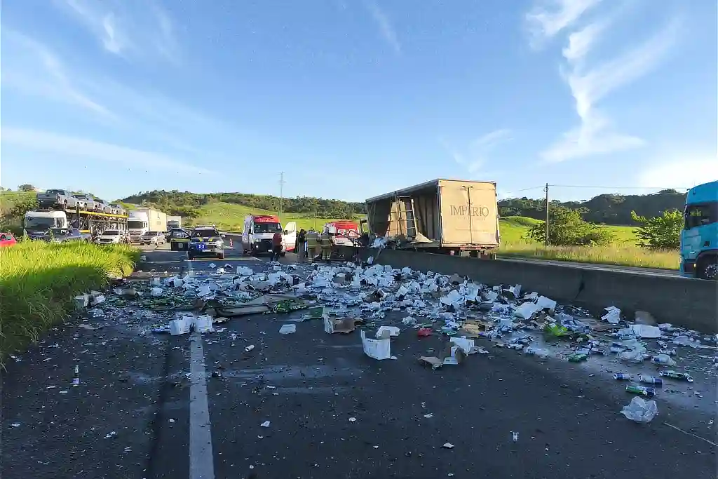 Caminhão carregado de cerveja perde freios e bate na BR-101 em Sergipe