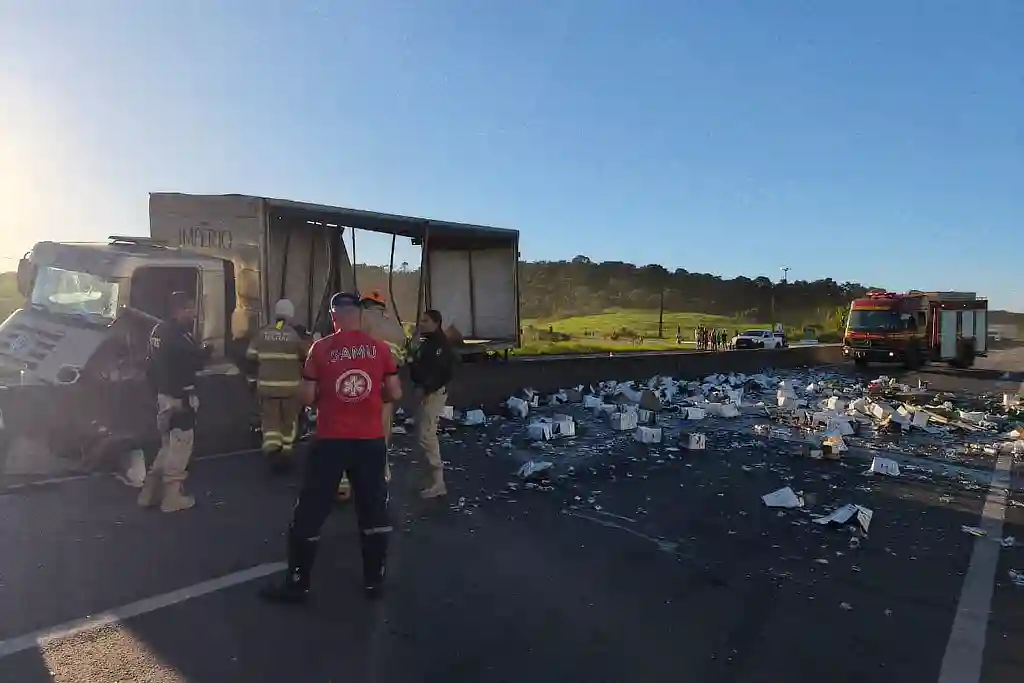 Caminhão carregado de cerveja perde freios e bate na BR-101 em Sergipe