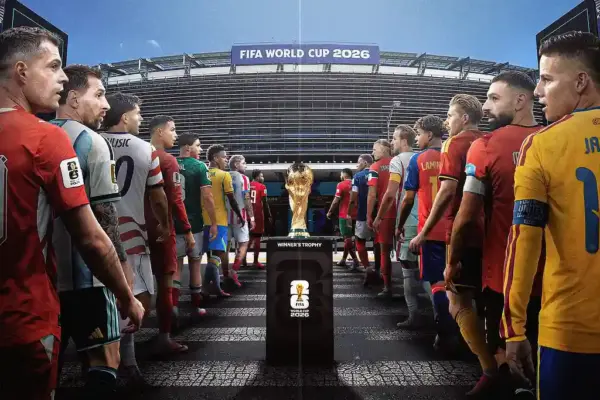 Ilustração com jogadores de seleções que vão disputar as oitavas de final da Copa do Mundo 2026