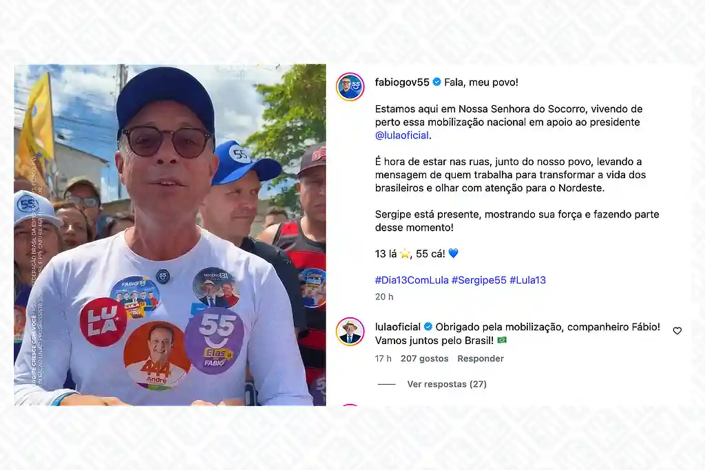Em postagem nas redes sociais, Lula agradece Fábio Mitidieri por apoio em Sergipe
